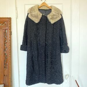 Vintage 1960s Evans Persian Lamb Fur Collar Coat Black Grey Midi Fall Winter